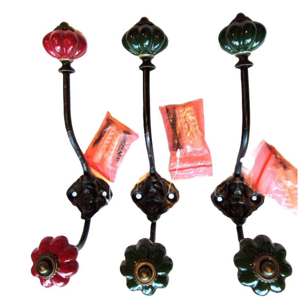 Metal hangers 3 wall hooks beautiful design green red melon ceramic knob 6-3/4in